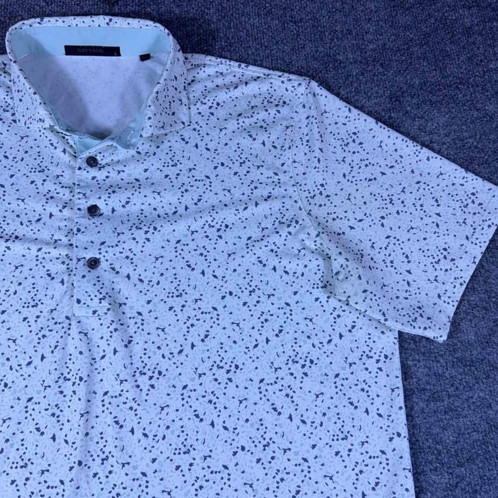 Greyson Mens Golf Polo Shirt Blue White Abstract Print Performance Stretch L